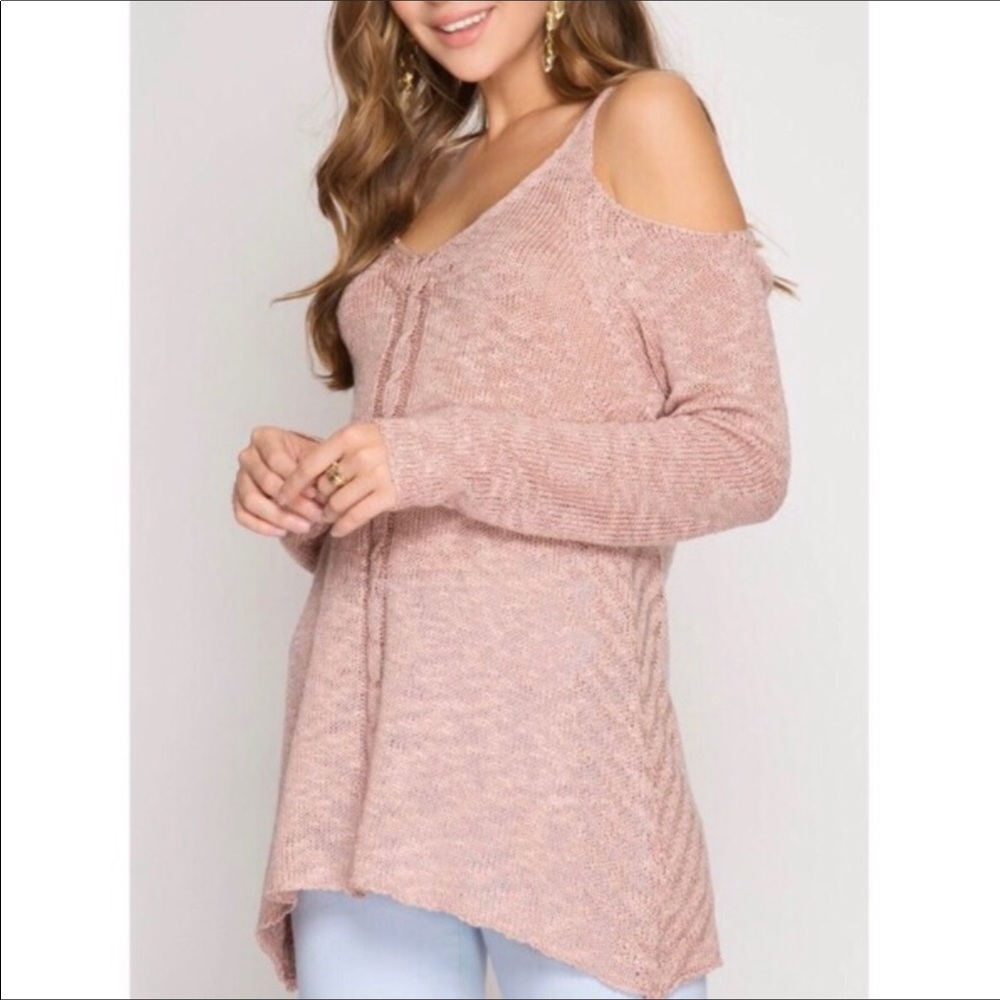 Blush Pink Cold Shoulder Sweater